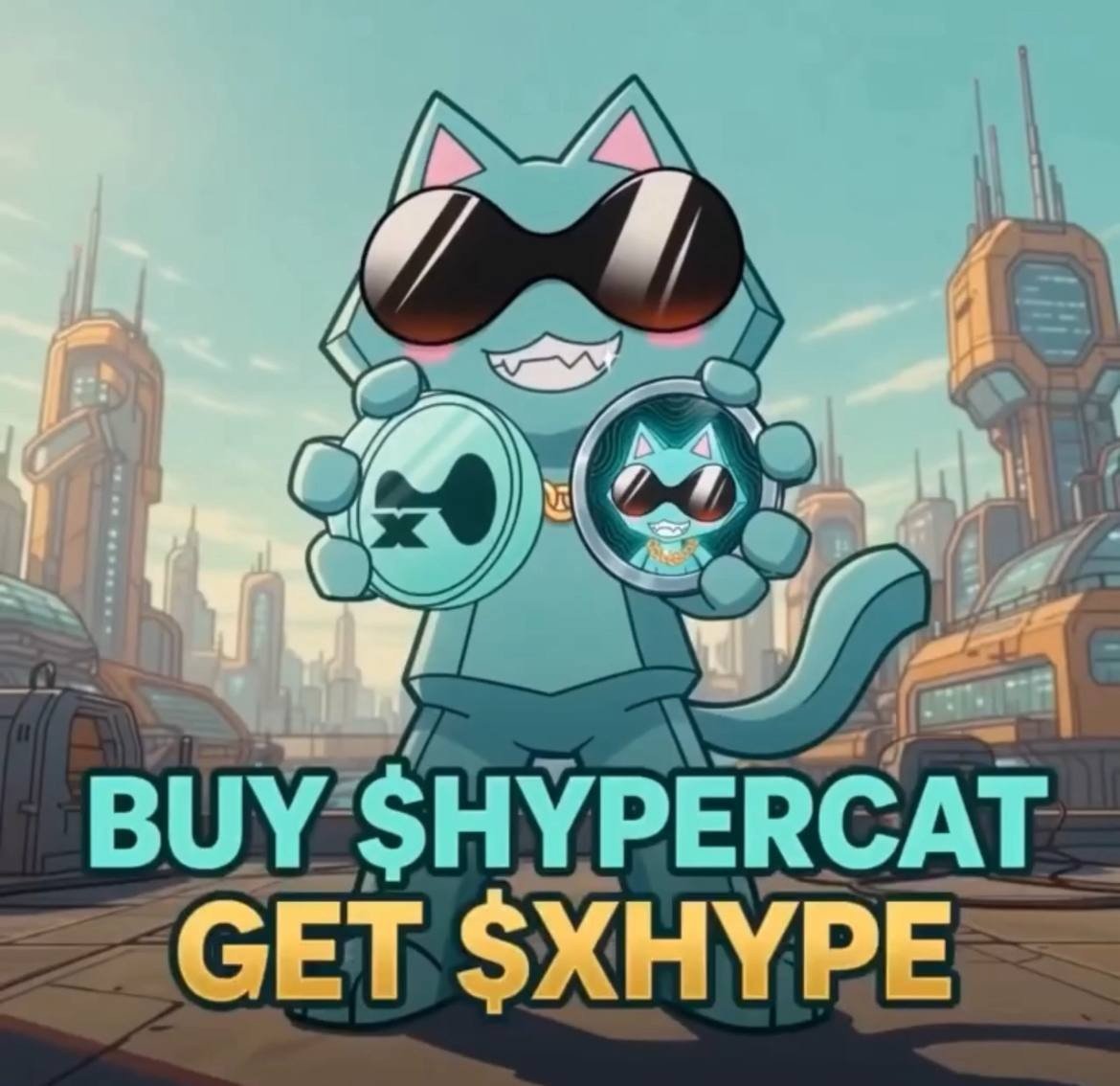 Hypercat holding a HYPE coin and a hypercat coin, with the words buy $HYPERCAT, get $xHYPE